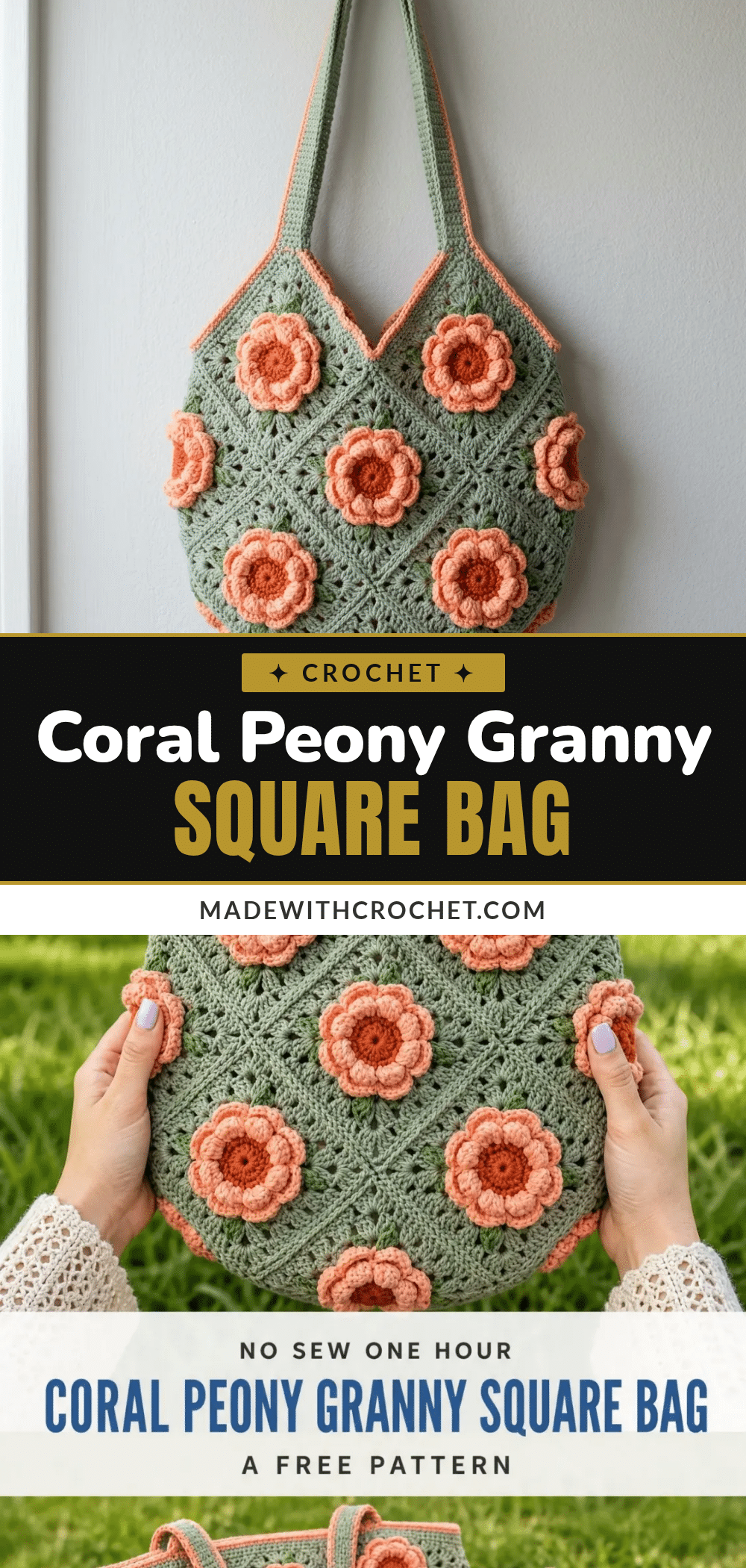 coral peony granny square bag pattern crochet pattern
