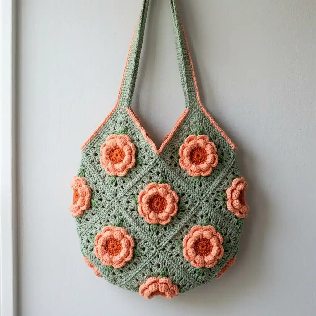 coral peony granny square bag pattern - featured image