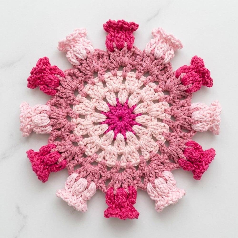 crochet bellflower coasters pattern - featured image