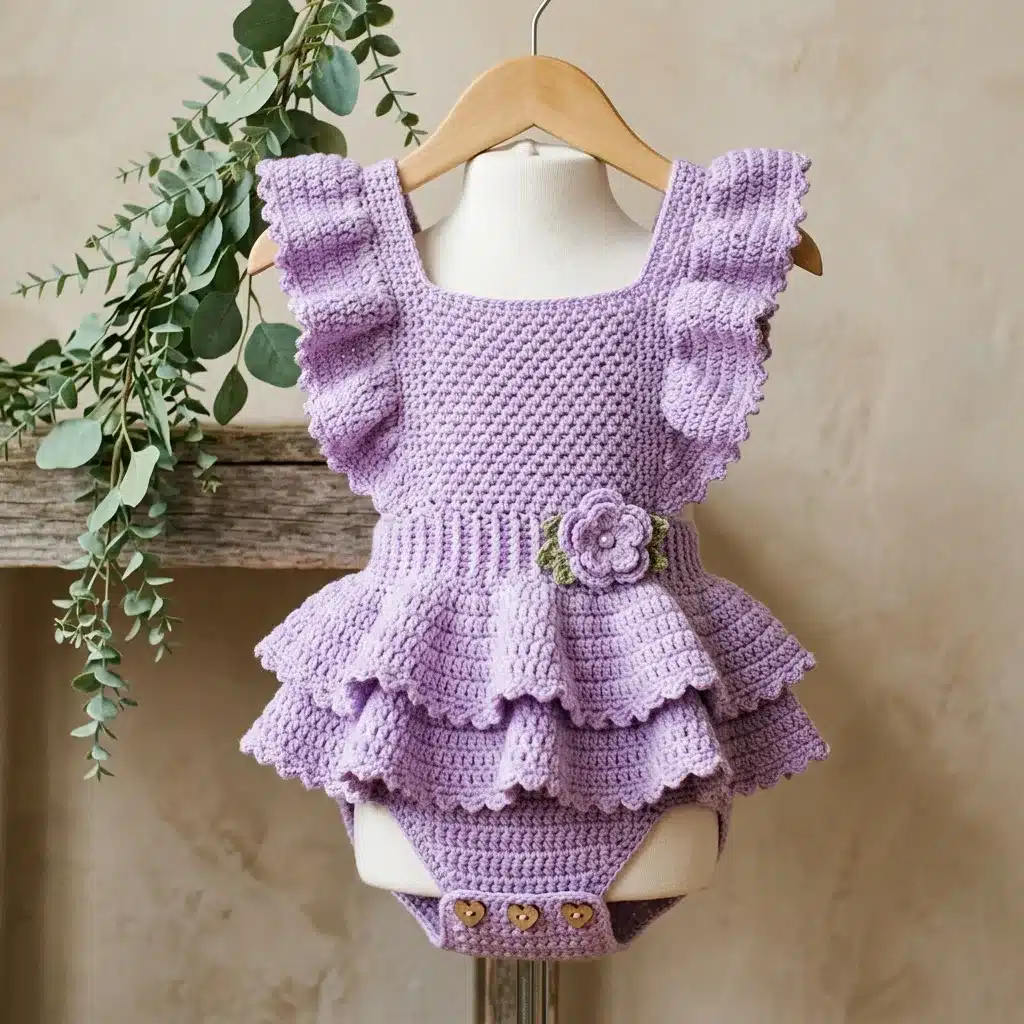 lavender baby romper crochet pattern - featured image