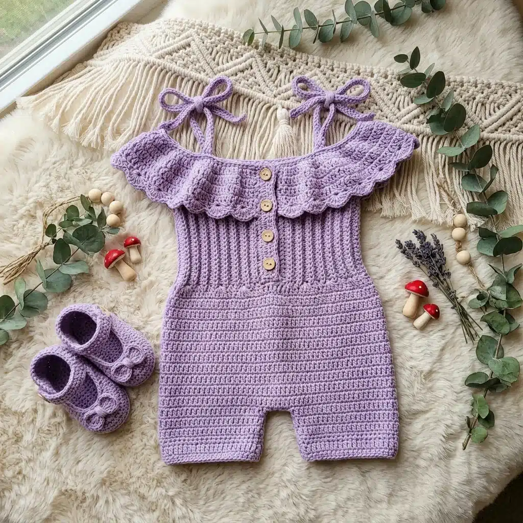 lavender ruffle baby playsuit - featured image