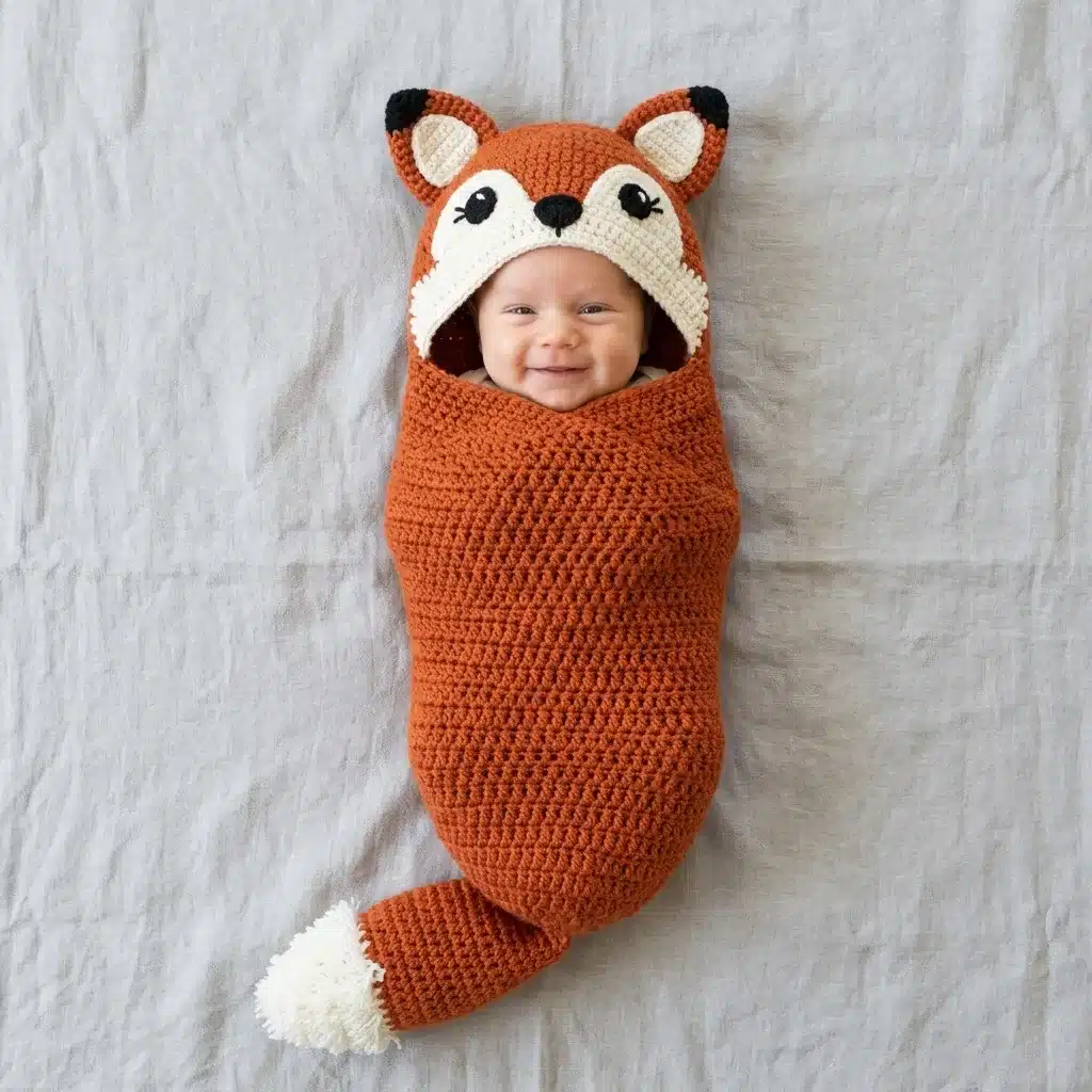 orange fox baby swaddle cocoon crochet project crochet project detail 1