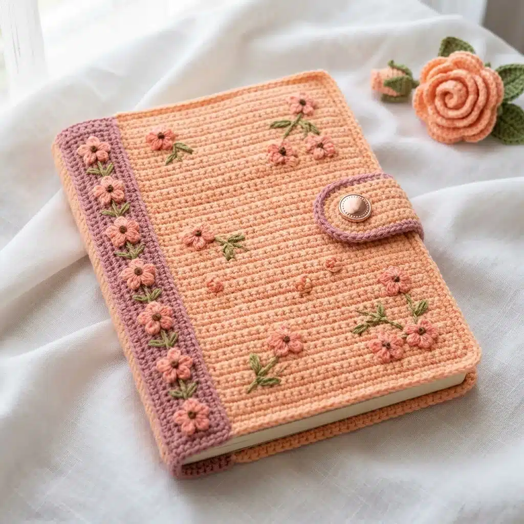 peach blossom diary cover crochet pattern - featured image