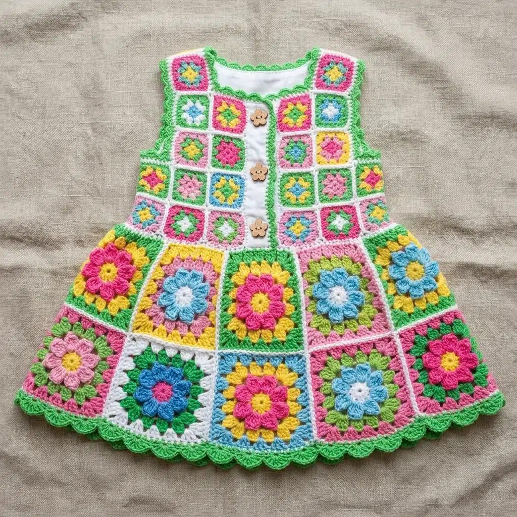 spring garden granny square baby dress - featured image