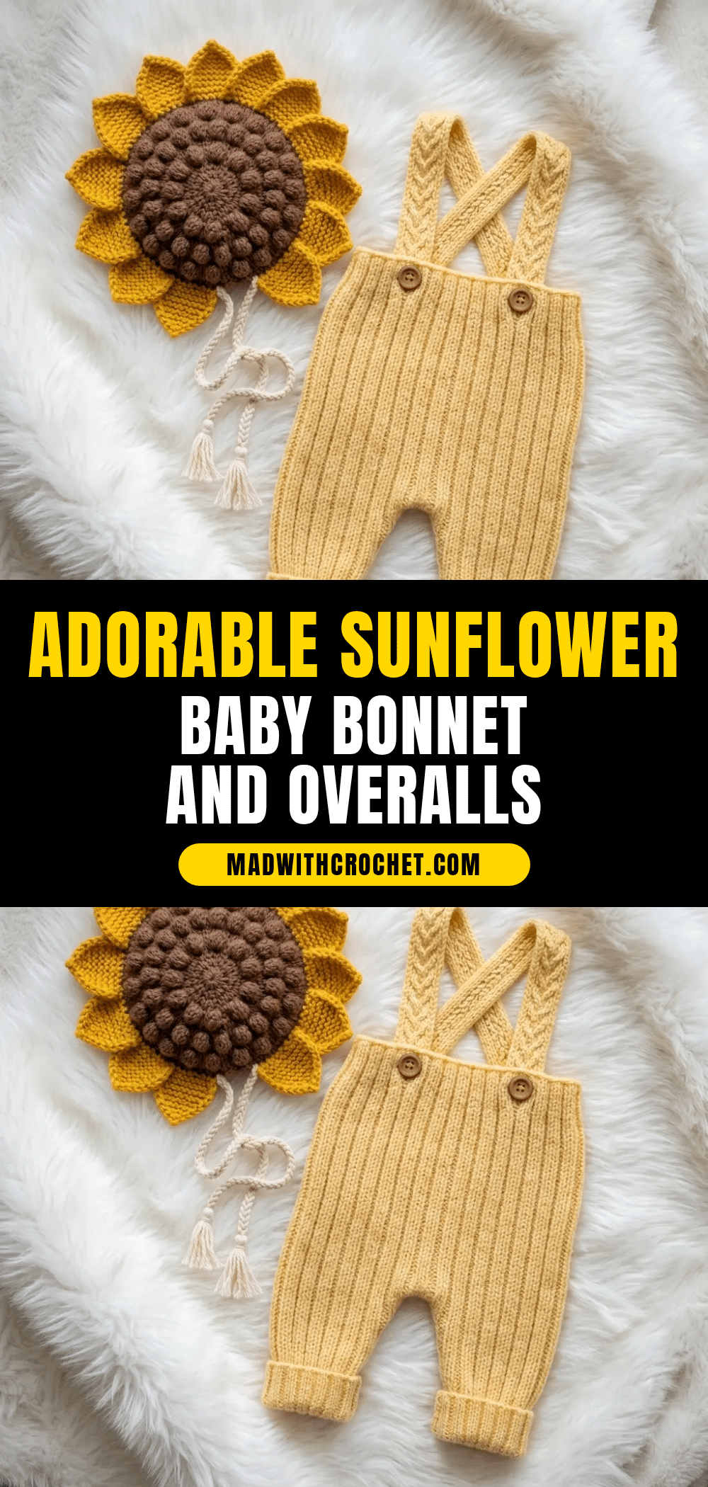 sunflower baby bonnet and overalls crochet pattern